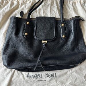 Annabel Ingall Black Pebbled Genuine Leather Tote with Gold Hardware